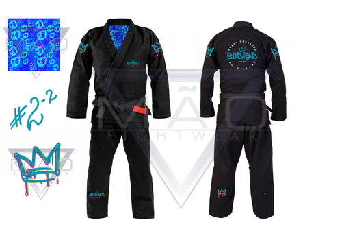 Black Brazilian Jiu-Jitsu gi shown from the front and back on a white background, with a blue patterned inner collar lining, turquoise 'Bodied' logo graphics on the shoulders and back, and a red belt. A small inset shows a blue pattern swatch, and a crown graphic appears on the left.
